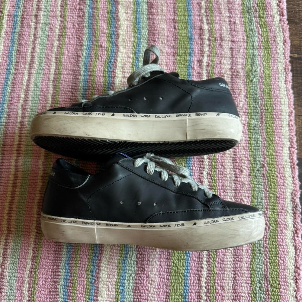 Black Leather Sneakers with Gold Star Accent - Picture 3 of 10